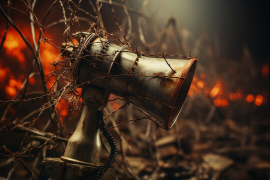 Censorship free speech, cancel culture, censored media, world press freedom day, megaphone with barbed wire
