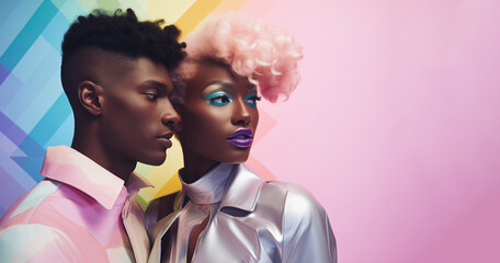 Young Afro-American female and male model posing. Fashionable couple in love in elegant contemporary clothes. Colorful background.