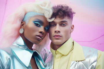 Young female and male models posing outside. Fashionable fashion couple in love in elegant contemporary modern urban styling on pastel background.