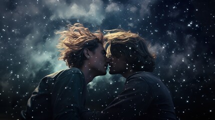 young gay couple kissing at night, romantic lgbt love and romance