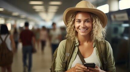 A photograph of an attractive smiling female traveler looking at the camera at an airport, wearing summer clothes