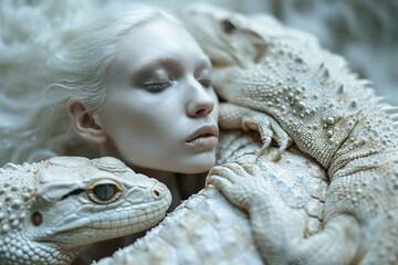 High-key photograph showcasing the elegance and beauty of reptilian-human subjects in a dreamlike, ethereal setting, evoking a sense of fantasy and allure. Photo
