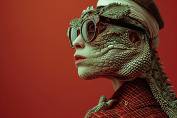 Minimalistic portrayal of reptilian-human hybrids in a fashionable setting, showcasing their unique features and creating a bold and stylish visual statement. Photo