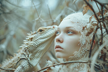 High-key photograph showcasing the elegance and beauty of reptilian-human subjects in a dreamlike, ethereal setting, evoking a sense of fantasy and allure. Photo
