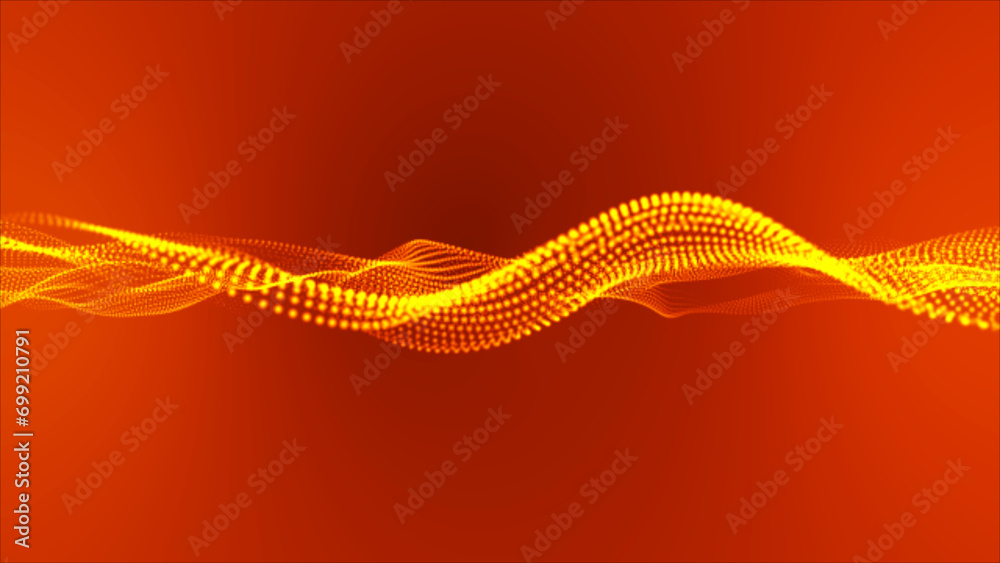 Poster flowing yellow dots and particles on a deep yellow background. abstract digital particle and dots wa