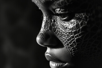 Monochromatic image focusing on the contrast between the sleek, scaly textures and the softness of human features, creating a striking and artistic visual impact. Photo