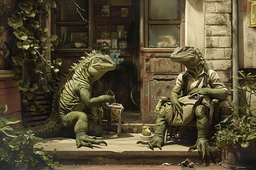 Dynamic composition featuring reptilian-human hybrids engaged in everyday activities, offering a fresh perspective on the intersection of two distinct worlds. Photo