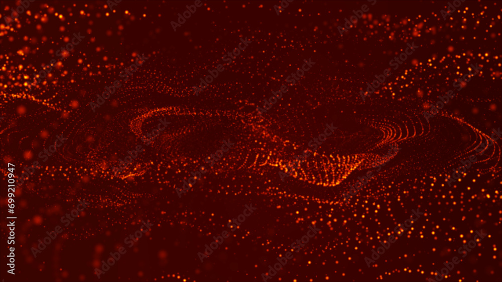 Poster flowing red dots and particles on a deep red background. abstract digital particle and dots and ligh