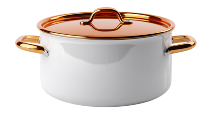 white Lacquered stainless steel pan With a pink copper lid isolated on white transparent background