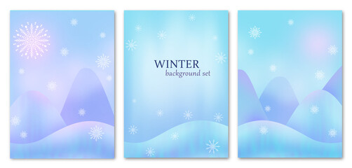 Fototapeta na wymiar Set of winter gentle backgrounds of hills in blue and lilac colors with copy space. Vertical format