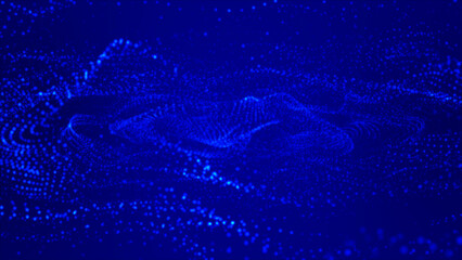 Flowing blue dots and particles on deep blue background. Abstract digital particle and dots flow  light abstract background, cyber or technology background. 3d abstract