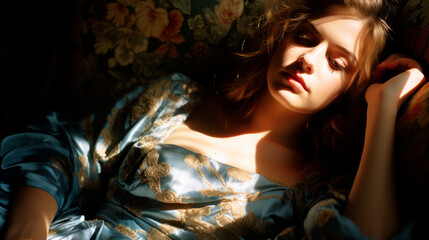 Sensual 30 year old chubby woman reclines to rest on a sofa. she dressed in a blue dress.