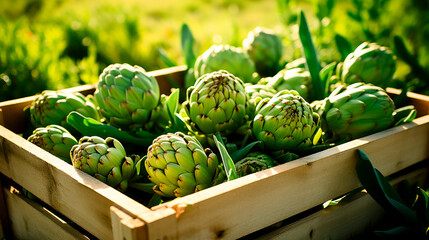 close up of a tray full of delicious freshly picked farm fresh artichokes, organic product. view from above. AI generate - 699211316