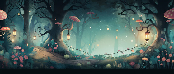 Enchanted whimsical forest scene, fairytale background with magical trees and ethereal light, serene atmosphere.