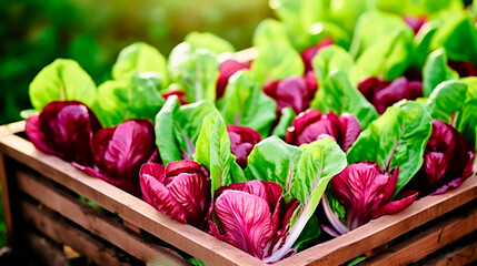 close up of a tray full of delicious freshly picked farm fresh radicchio salad, organic product. view from above. AI generate - 699211738