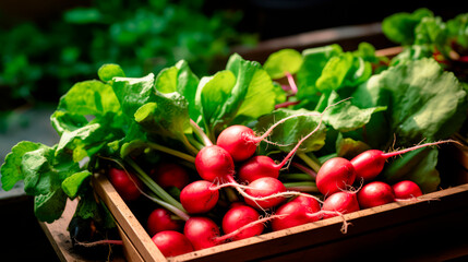 close up of a tray full of delicious freshly picked farm fresh red radish, organic product. view from above. AI generate - 699211754