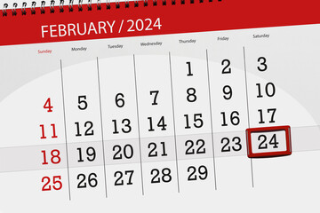Calendar 2024, deadline, day, month, page, organizer, date, February, saturday, number 24 - obrazy, fototapety, plakaty