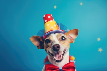 April 1, funny smiling dog in a clown hat, circus performer, trained animal - obrazy, fototapety, plakaty
