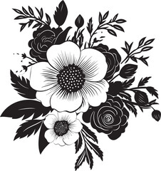 Graceful Petal Fusion Decorative Black Emblem Botanic Flower Medley Black Bouquet Icon