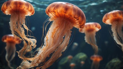 orange jellyfish in the sea - obrazy, fototapety, plakaty