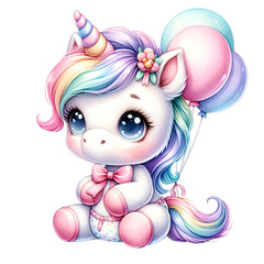 little cute happy unicorn with colorful balloons. watercolor illustration. Fairytale magical unicorn with a rainbow mane.