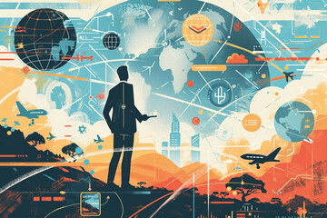 Integrated Technology Landscape - An illustrative depiction of an integrated technology landscape, where a businessman interacts with a global network, underlining the fusion of Io