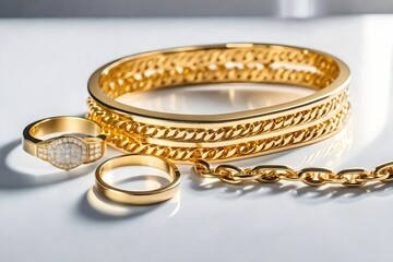 rings, 
Chain shape golden modern bracelet and ring on white podium with copy space stock photo