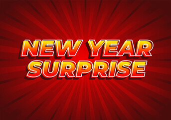 New year surprise. Text effect in yellow red color with 3D look. Red background