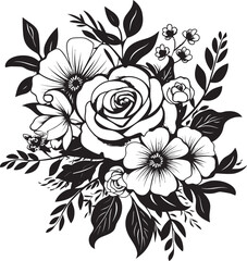 Elegant Petal Fusion Decorative Black Bouquet Emblem Intricate Floral Medley Black Vector Logo