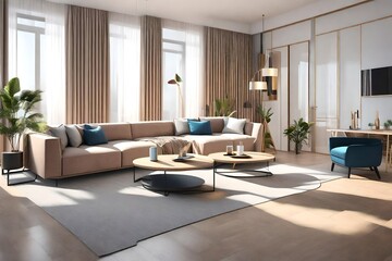 Fototapeta premium modern living room with fireplace, Interior design of modern apartment, living room with sofa and coffee tables 3d rendering stock photo