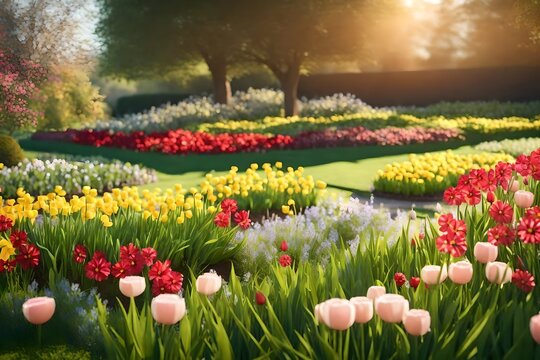 tulip field in spring, Search by image or video Beautiful spring garden with flowers and lawn grass, 3D illustration stock photo