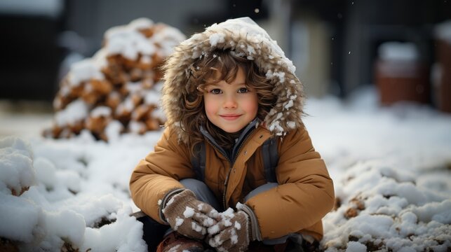 Child in winter hat, mittens, boots sitting on ground playing in snow