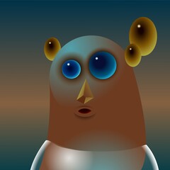 A surreal character with round eyes surrounded by glass balls. Digital illustration.