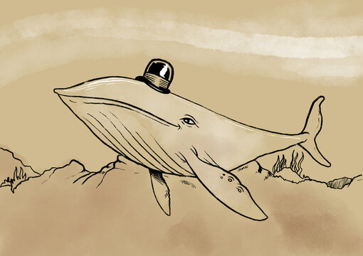 A big whale with a bowler hat swimming under the sea. Digital illustration