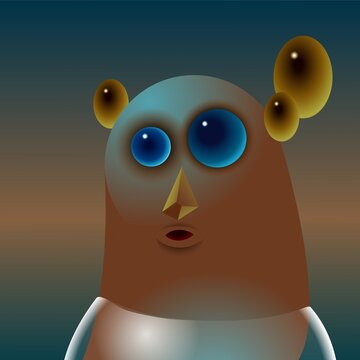 A surreal character with round eyes surrounded by glass balls. Digital illustration.