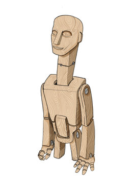 Isolated figure of a wooden mannequin that could be an automaton or vintage robot. Digital illustration