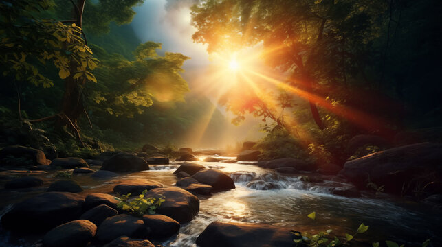 Fluss in der Wildnis bei untergehender Sonne