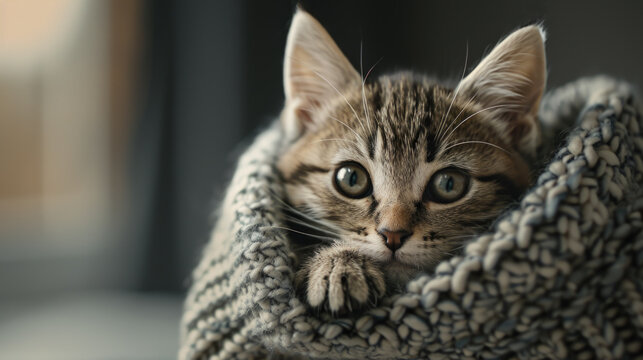 A small kitten is curled up in a cozy blanket, looking at the camera with a curious expression. The kitten is positioned in the center of the image, with its head peeking out from the blanket.