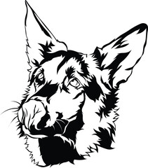 Cartoon Black and White Isolated Illustration Vector Of A Pet German Shepherd Puppy Dogs Face and Head