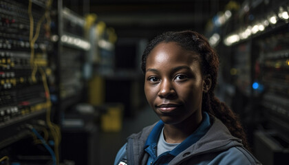 Fototapeta premium Smiling young African woman, confident, working indoors, looking at camera generated by AI