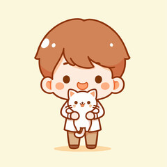 vector character of a small boy holding a cat. flat design