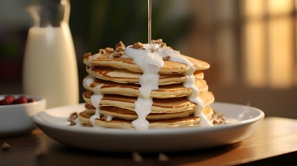 Pouring syrup onto stack of pancakes with sour cream, closeup