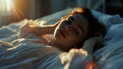 A beautiful woman who oversleep on the morning of the weekend in bed. generative AI - obrazy, fototapety, plakaty