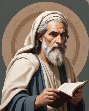 Prophet Isaiah - Realistic flat illustration of a biblical figure with a scroll, surrounded by geometric shapes in high resolution Gen AI