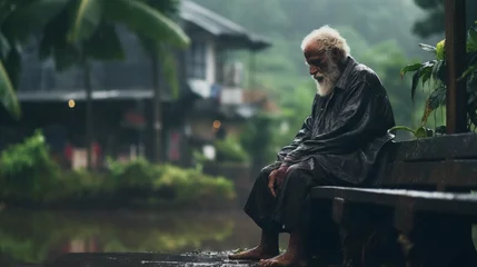 Abwaschbare Fototapete Alte Türen A photo took on a film kodak camera of a old guy sitting alone in a bench with his hands on head in kerala on a rainy day