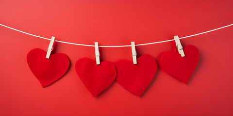 Red hearts decoration hanging on a rope red background valentine's day place for text with red background