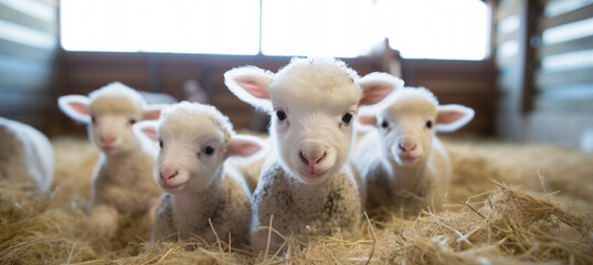 Cute little lambs lie quietly in straw in a stable and look at the camera, full body. Little lambs...