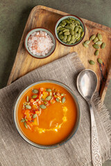 Vegetables  pumpkin soup with ingredients. Dishes, food. Top view.