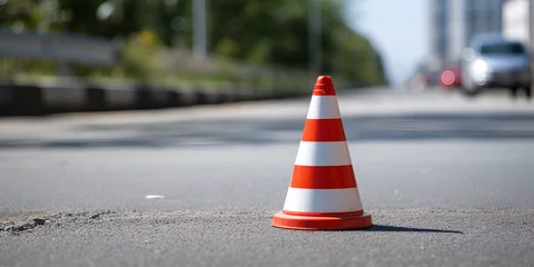 Foto auf Alu-Dibond Photo orange traffic cones on cement road surface Protective cone behind which are silhouettes of other side traffic on the road with road and cars background © Haleema