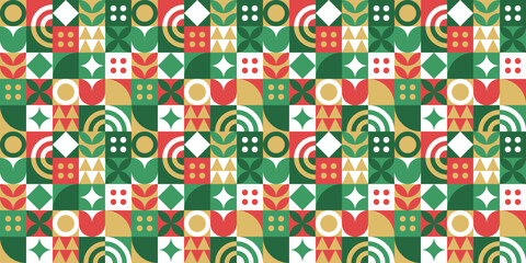 Modern geometric christmas mosaic seamless pattern. Abstract xmas holiday icon background with traditional winter decoration. Festive party invitation texture, minimalist december event print.